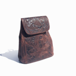 Women's Dark Brown Leather Embossed Floral- Backpack