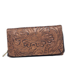 Women's Brown Leather Embossed Floral- Clutch/Wallet