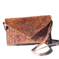 Women's Brown Leather Embossed Floral- Cross Body/ Clutch
