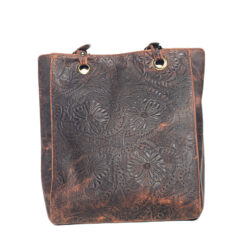 Women's Dark Brown Leather Embossed Floral- Shoulder Bag