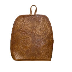 Cognac Floral Embossed Leather Backpack