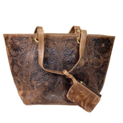 Women's Dark Brown Leather Embossed Floral Handbag