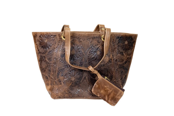 Women's Dark Brown Leather Embossed Floral Handbag