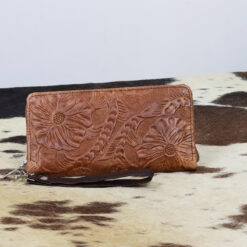Women's Chestnut Leather Embossed Floral Wallet/ Clutch