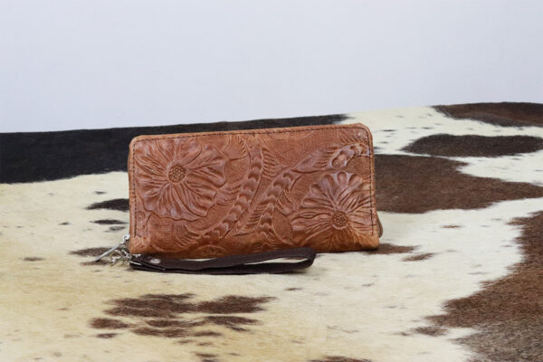 Women's Chestnut Leather Embossed Floral Wallet/ Clutch