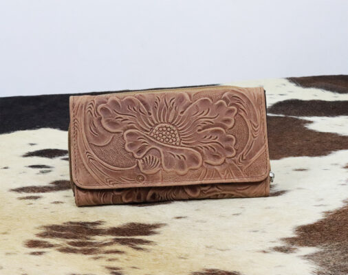 Women's Chestnut Leather Floral Embossed Wallet